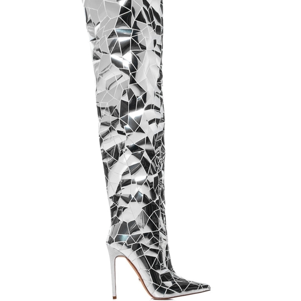 AZALEA WANG "SHATTERED INNOCENCE" Reflective Silver Women's Heeled Boots - Picture 2 of 9